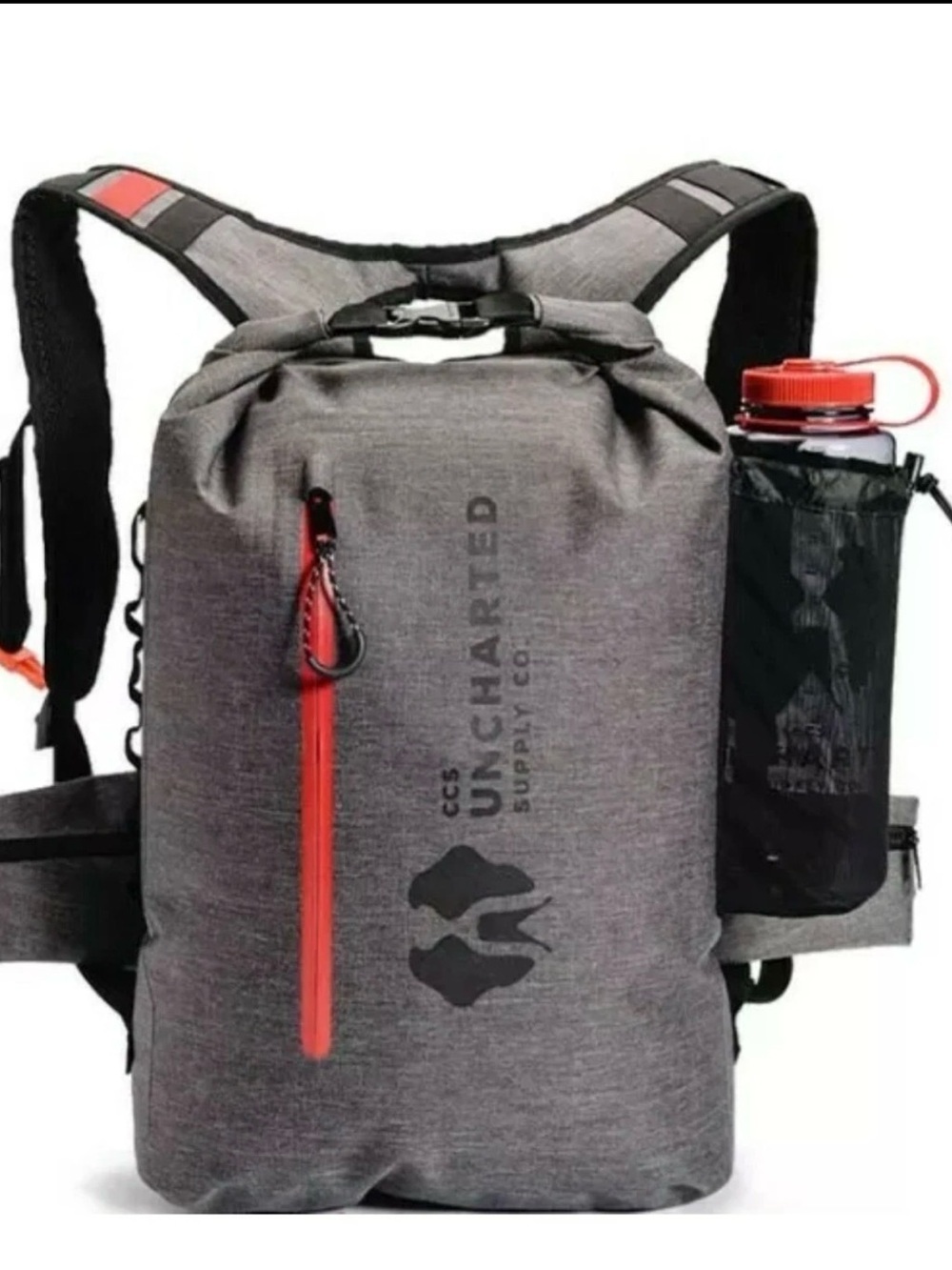 Grey Roll-Top Backpack with Red Accents.
🚨Only the bag🚨